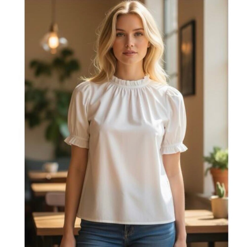 Hill House Cream Ruffle-Neck Puff Sleeve Blouse
